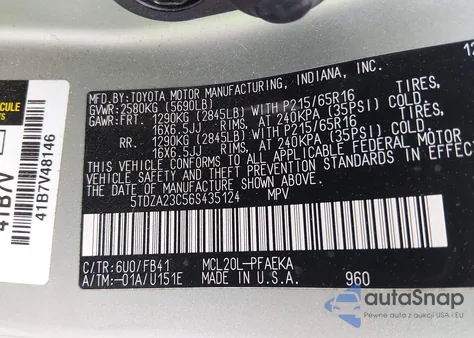 2006 Toyota Sienna Ce z USA, uszkodzony, nr VIN 5TDZA23C56S435124